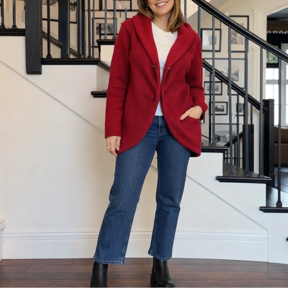 J.Jill Red Shawl Collar Long Sleeve Knit Cardigan Sweater Medium‎